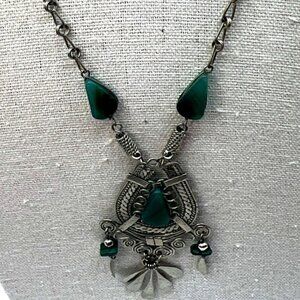 Vintage Tribal Silver Tone Necklace With Green Stone Inlay & Dangling Charms.  M